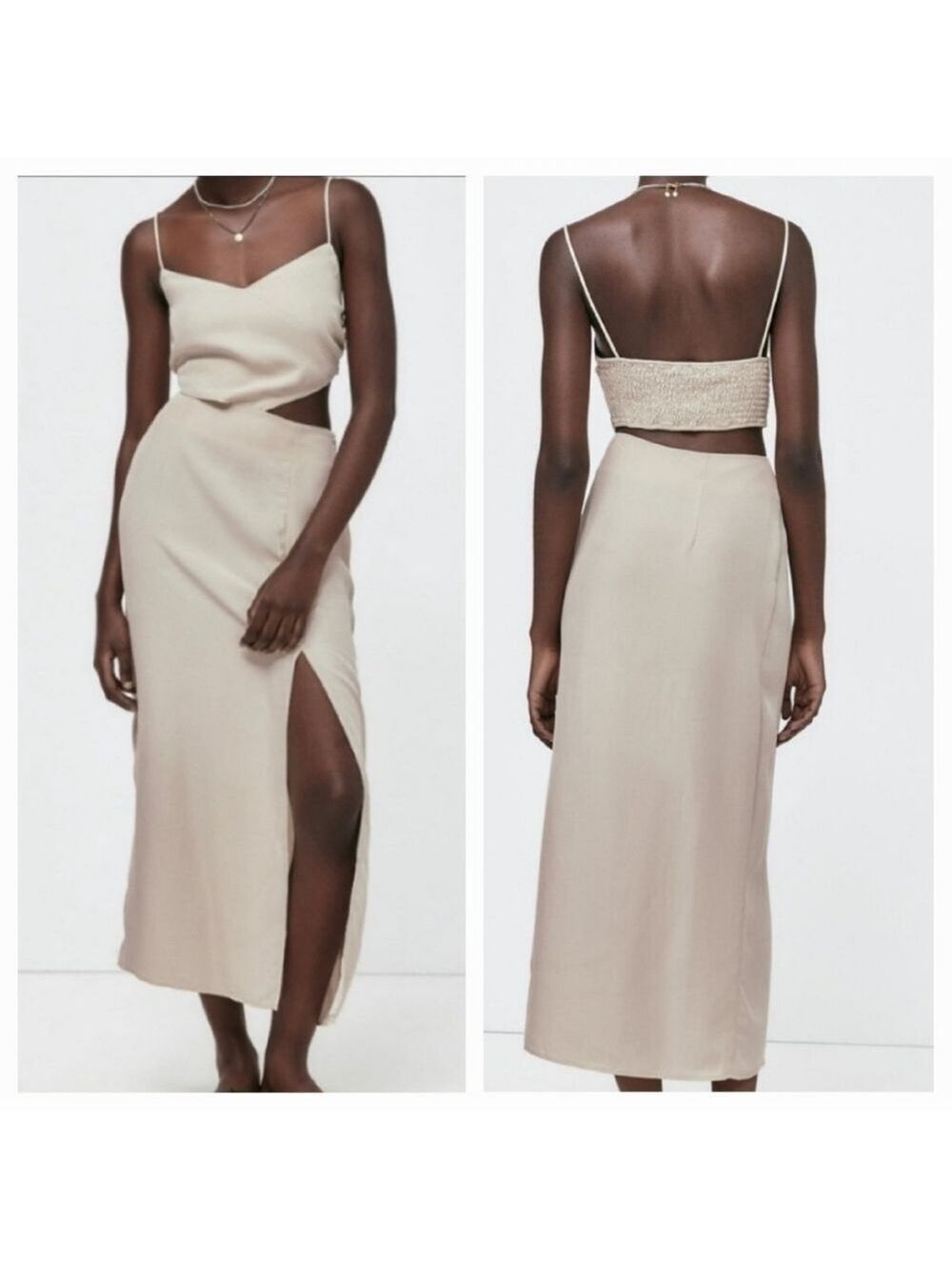 Zara Cut Out V-neck Beige Dress, Size S